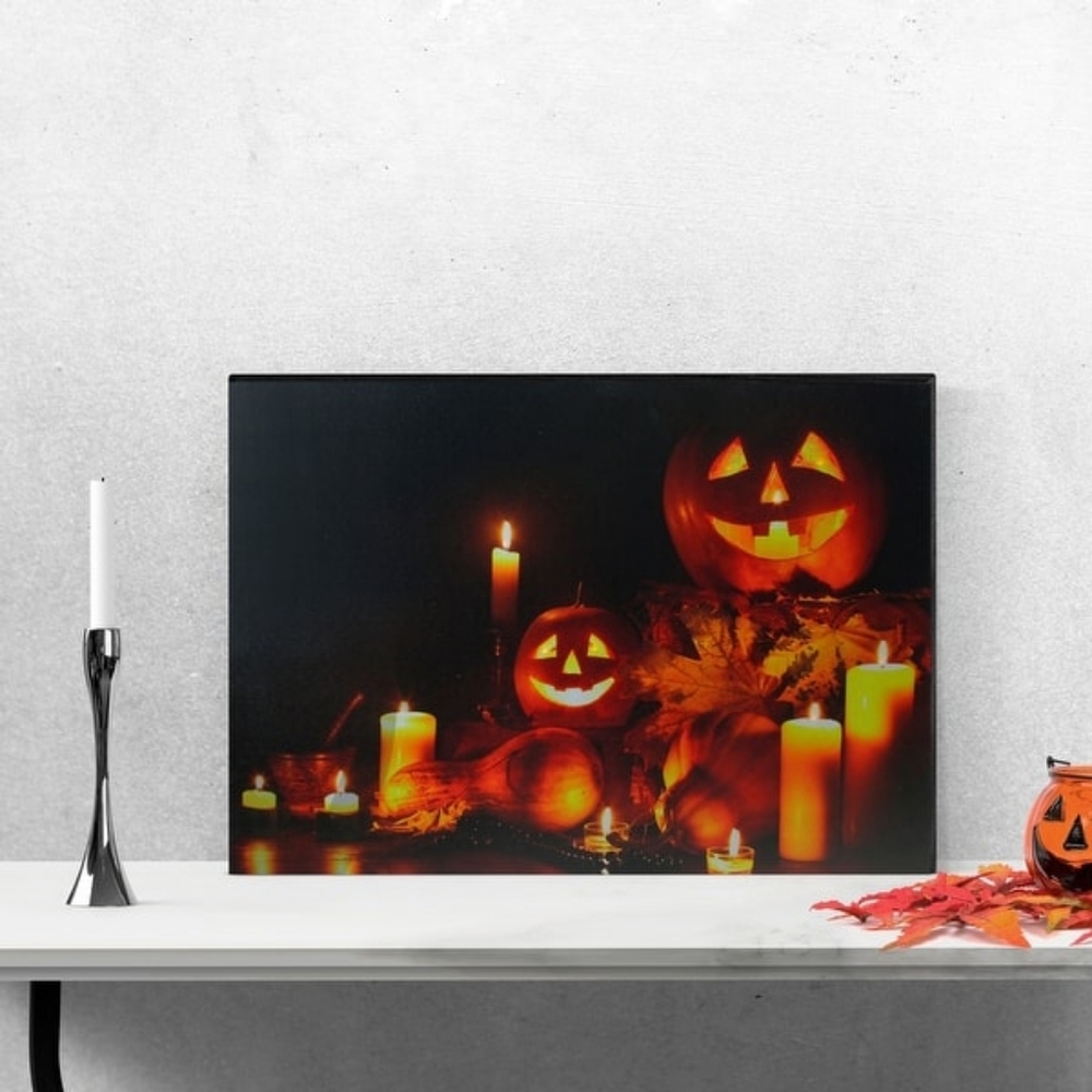 Northlight LED Lighted Jack-O-Lanterns and Leaves Halloween Canvas Wall Art - 1